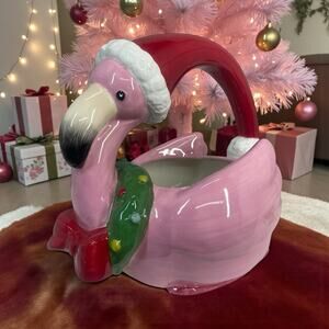 VTG Kitschy MCM Ceramic Christmas Flamingo Candy Dish Basket Coastal Planter